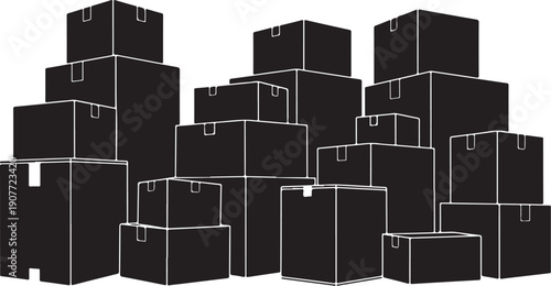 Black boxes stacked in a pile on white background