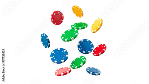 Fotografía Colorful poker chips float in the air isolated on transparent background cut out