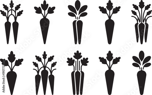 Collection of various carrot silhouettes with leaves