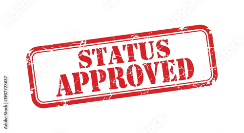 A distressed rectangular red stamp displays the words status approved in bold capitalized lettering signifying acceptance high quality professional detailed modern