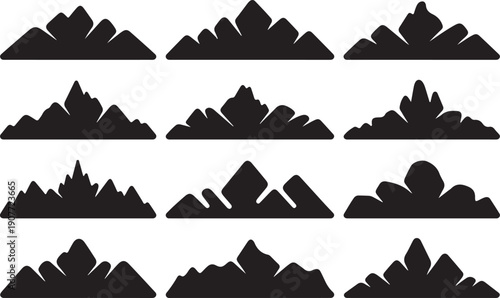 Collection of various mountain range silhouettes in black