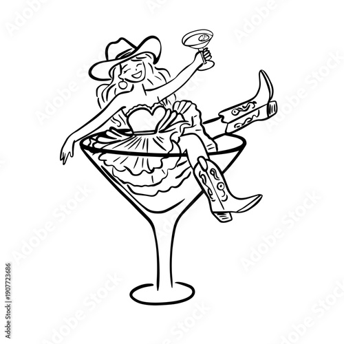 Cowgirl Sitting in Martini Glass Line Art Illustration, Western Party and Bachelorette Design