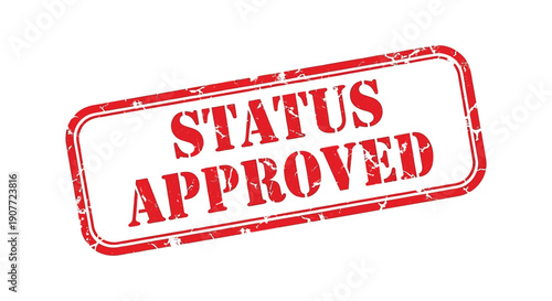 A rectangular red stamp displays the words status approved in bold distressed white lettering signifying official confirmation high quality professional detailed