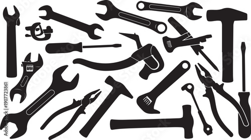 Collection of various black tools on white background illustration