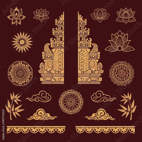 Traditional Balinese cultural and spiritual decorative elements, including split gates, lotus flowers, mandalas, bamboo, and stylized clouds.