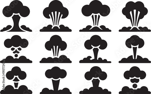A collection of nuclear explosion mushroom clouds in various stages and types