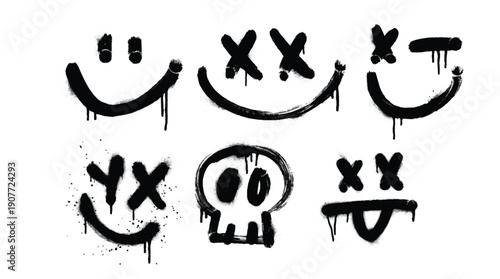 Graffiti smiley faces with x eyes and skull  urban street art collection