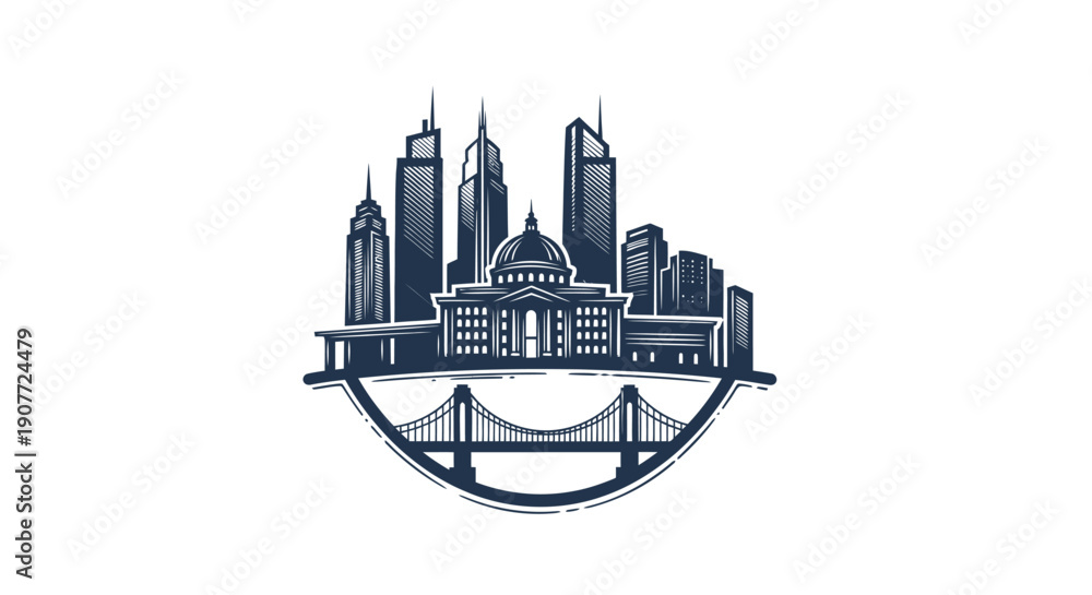 Obraz premium Stylized City Skyline Emblem with Modern Buildings, Dome, and Bridge on Isolated White Background