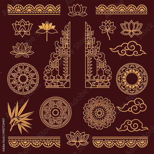 A collection of intricate golden line art illustrations featuring traditional Asian cultural motifs such as lotus flowers, temple gates, mandalas, and decorative borders.