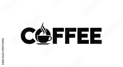 Stylized black text spelling 'COFFEE' with a steaming hot cup and saucer icon replacing the double 'F' letters.