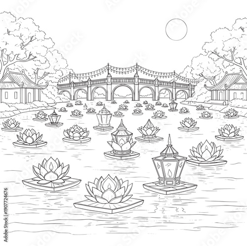 Loy Krathong festival coloring page, traditional Thai river scenery with floating lotus lanterns, ancient temples, and hanging lamps, black and white outline vector illustration
