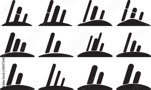 A collection of nine identical black silhouettes of rock formations or sculptures on a plain white background