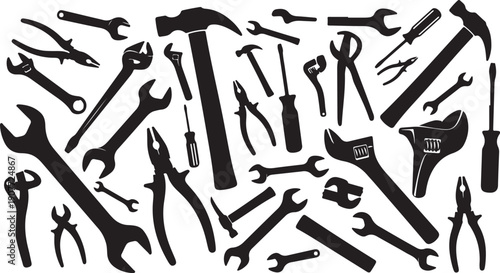 Collection of various black tools on white background illustration