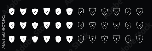 Collection of shield icons with checkmarks and exclamation marks. Security Shield Icon Set with Check, Cross and Exclamation. Shield Status Icons Set, Verified, Error and Warning vector. security lock