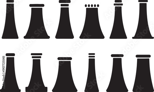 Black chess pieces arranged in two rows on a white background