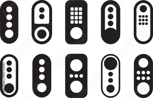 Collection of various remote control icons in black and white
