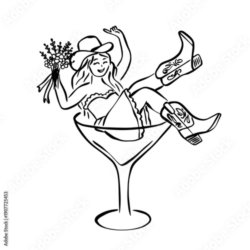 Cowgirl in Martini Glass Line Art Illustration, Western Bachelorette Party Design