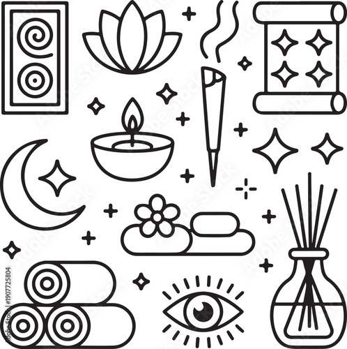 A calming collection of spa and wellness line icons for relaxation and mindfulness practices