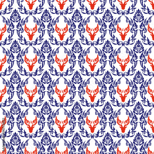 Seamless Thai Traditional Deer Pattern with Royal Navy and Red Ornaments