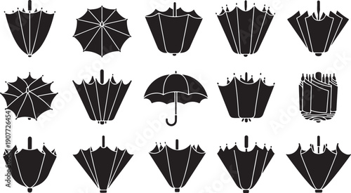 Collection of black umbrellas in various shapes and designs