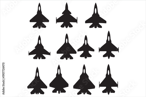 Silhouettes of fighter jets arranged in a grid pattern on a white background