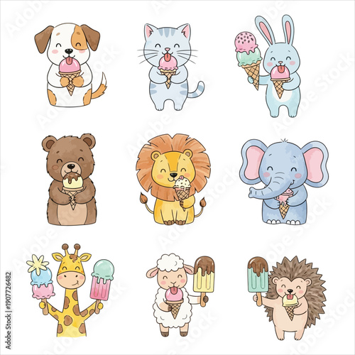 Cute animals enjoy ice cream treats