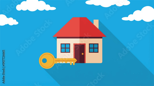 house with red roof and large golden key in front  home ownership concept