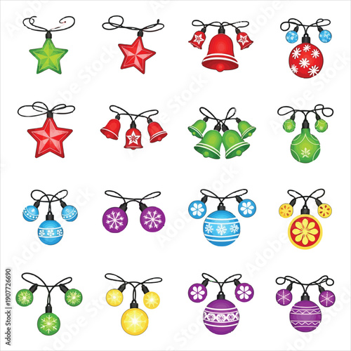 Vibrant Christmas ornaments and bells in various colors and designs