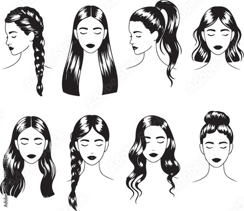 Eight distinct black silhouette female head shapes showcasing a variety of popular hairstyles