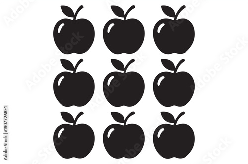 Nine black apples arranged in a symmetrical three by three grid
