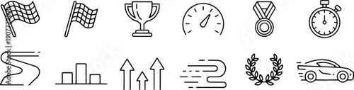 Racing and Motorsports Icon Set – Speed, Trophy, Stopwatch, Medal, Flags, and Car Symbols Vector illustration