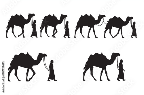 Silhouette illustration of a camel caravan crossing a desert landscape