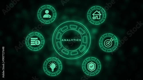 Central glowing green neon circle with the words ANALYTICS in the center surrounded by six smaller glowing green neon circles each containing a different representing business concepts on a
