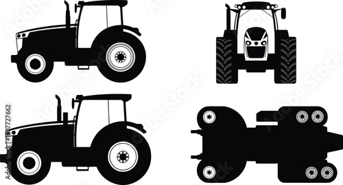 Vector, black, silhouette, illustration, set, of, modern, farm, tractor, vehicles, showing, front, side, and, top, views, for, agriculture, industry, and, farming, machinery, design,