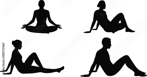 Vector, black, silhouette, illustration, set, of, people, in, various, yoga, poses, and, meditation, positions, for, wellness, health, mindfulness, fitness, and, lifestyle, design,