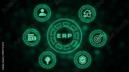 Central glowing green neon circle with the words ERP in the center surrounded by six smaller glowing green neon circles each containing a different representing business concepts on a dark bokeh