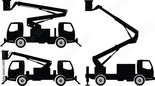 Vector, black, silhouette, illustration, set, of, various, cherry, picker, trucks, with, hydraulic, boom, lifts, for, construction, utility, maintenance, service, and, industrial, design,