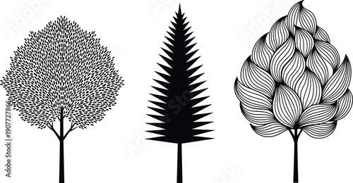 Artistic tree silhouettes collection, black abstract deciduous and pine trees, modern nature illustration set isolated on white background vector design
