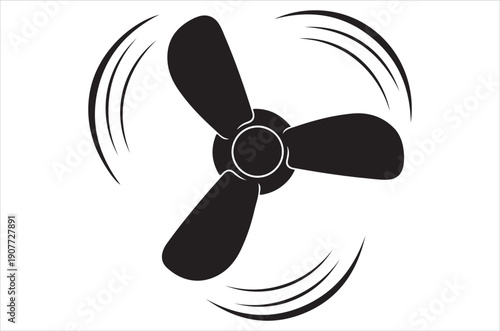 Black and white illustration of a rotating three blade fan on white background