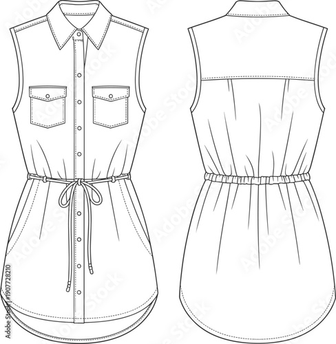 Vector, flat, sketch, illustration, of, a, women, sleeveless, button, up, shirt, dress, with, collar, pockets, and, drawstring, waist, for, fashion, design, and, apparel, manufacturing, elements