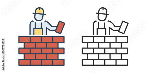 Construction Worker Building Brick Wall Vector Icon, Professional Masonry and Architecture Symbol Isolated on White Background