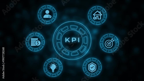 Central glowing blue circle with KPI text surrounded by smaller circles containing for house with dollar sign target and other abstract shapes on a dark bokeh background representing key