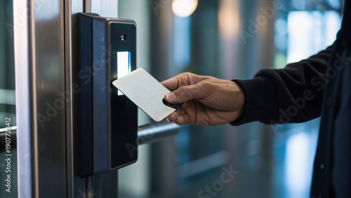 A hand holds a key card near an electronic door lock in a modern building, demonstrating secure access control.