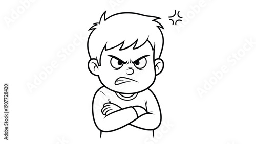 Upset young boy with a frowning face and crossed arms is depicted in this expressive black and white line art vector drawing.