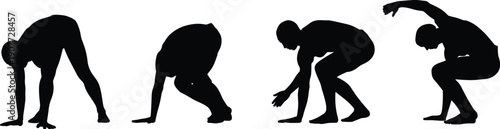 Athlete starting position silhouette set, sprint start poses collection, runner preparation stages, sport training illustration, athletic movement silhouettes, vector fitness action design pack