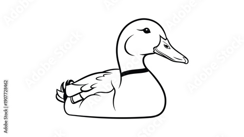 Profile view of a duck sitting peacefully is presented in a clean and simple black and white line art vector illustration.