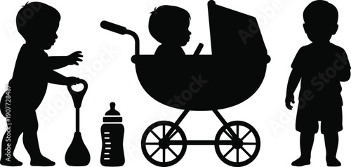 Baby silhouette collection, toddler activities set, child standing walking stroller and feeding elements, isolated kids illustration, parenting concept silhouettes vector design pack