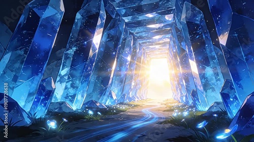 Fantasy blue crystal tunnel with glowing flowers and light path