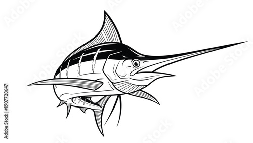 Detailed line art of a swordfish leaping through the air, highlighting its long bill and streamlined body for coloring.