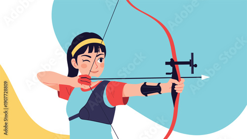Young woman aiming her bow with focus and precision is captured in a stylish flat illustration with a blue background.